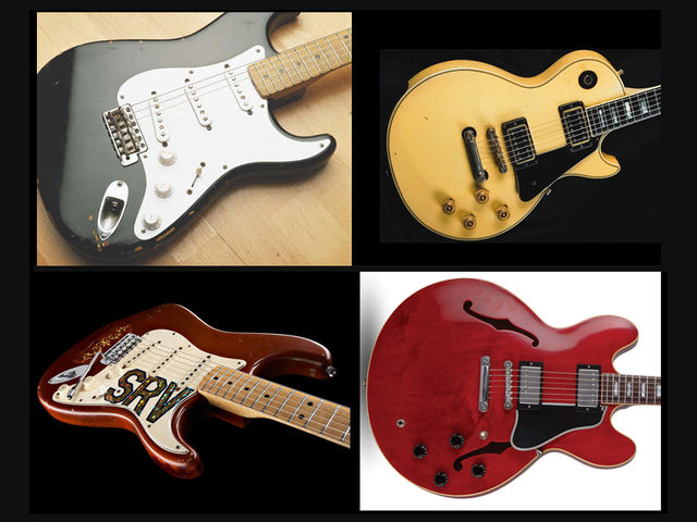 The original 'Blackie' and The Edge's Les Paul Custom, with Fender and Gibson Custom Shop recreations of SRV's Lenny and Clapton's 335